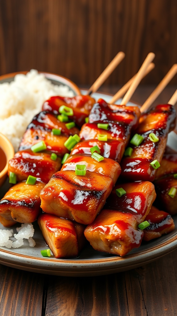 Grilled pork yakitori skewers served on a plate with green onions and rice.